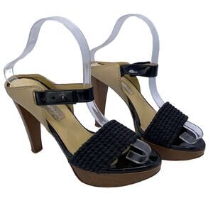 Stella McCartney Black & Tan Woven Platform Sandals 36 Wooden Heel Ankle Straps